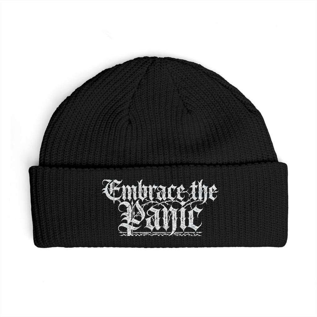 Embrace the Panic Cuff Beanie — Gothic Script Knit Hat
