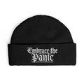 Embrace the Panic Cuff Beanie — Gothic Script Knit Hat