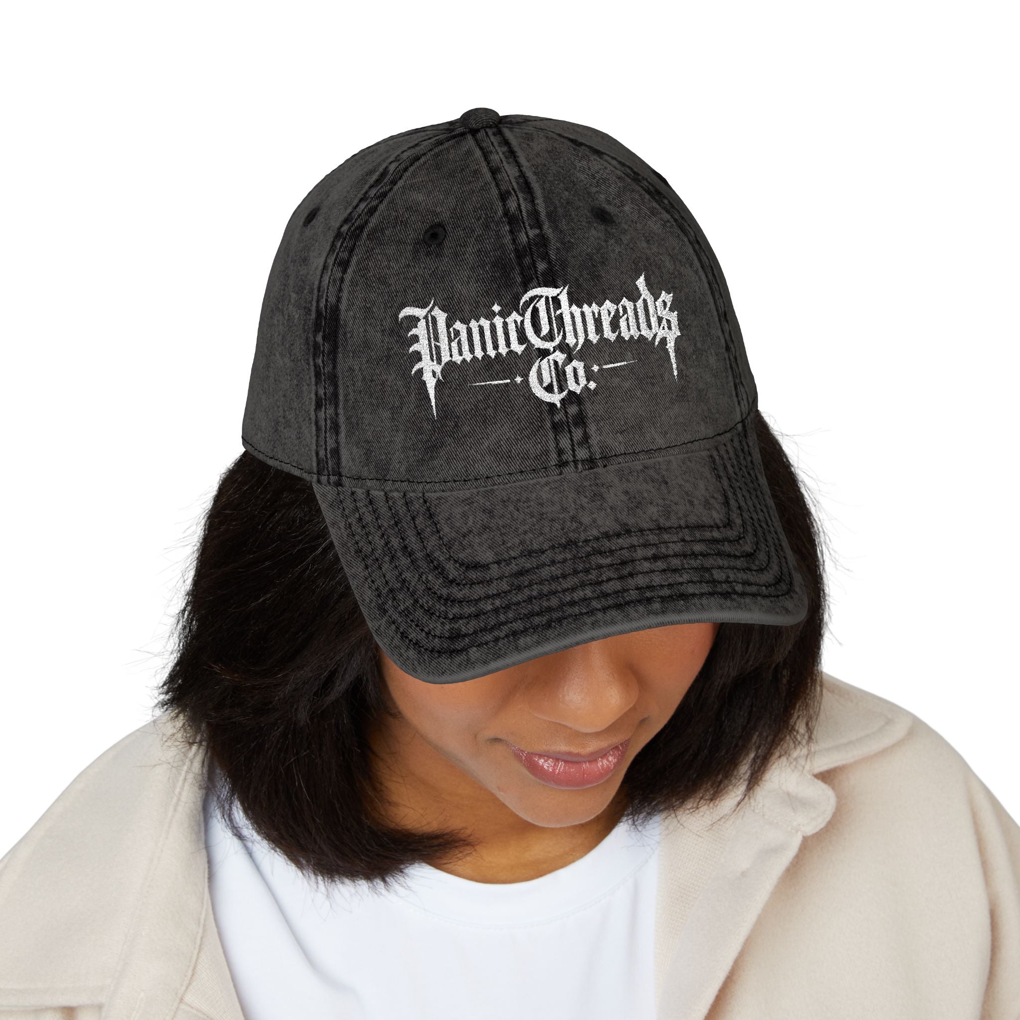 Vintage Embroidered Dad Cap – "PanicThreads Co." Distressed Baseball Hat
