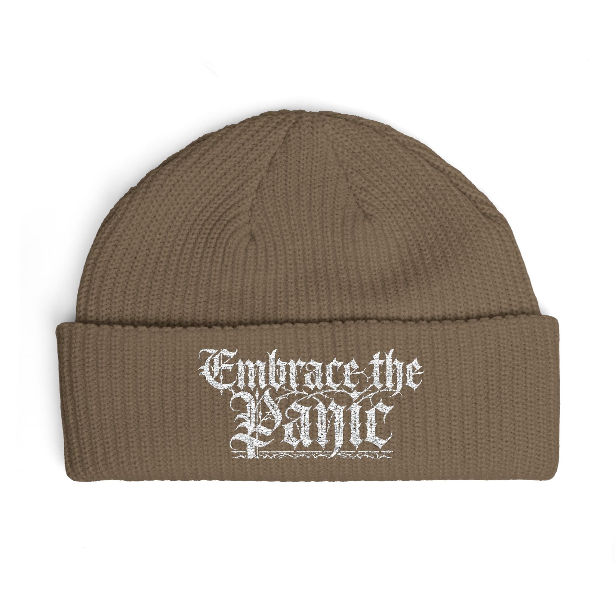 Embrace the Panic Cuff Beanie — Gothic Script Knit Hat