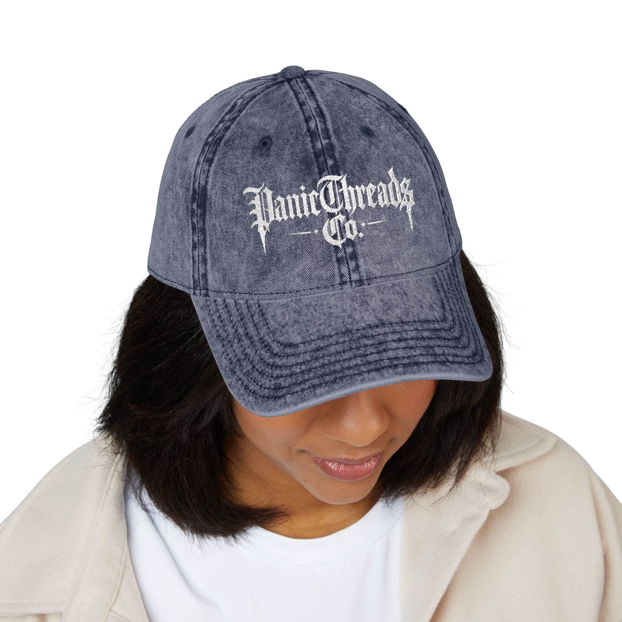 Vintage Embroidered Dad Cap – "PanicThreads Co." Distressed Baseball Hat