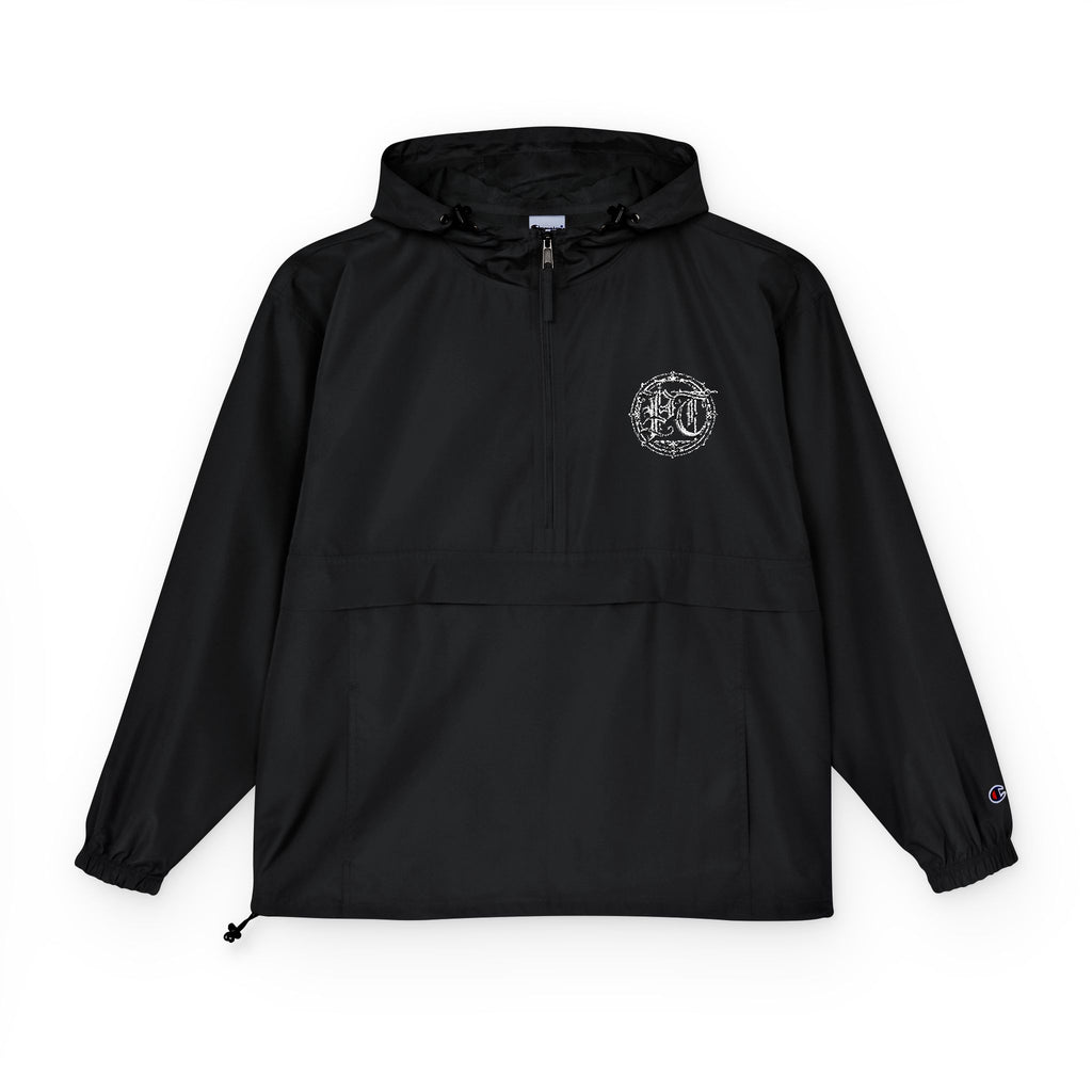 Anorak Jacket — Black Packable Windbreaker with Circular Floral Logo