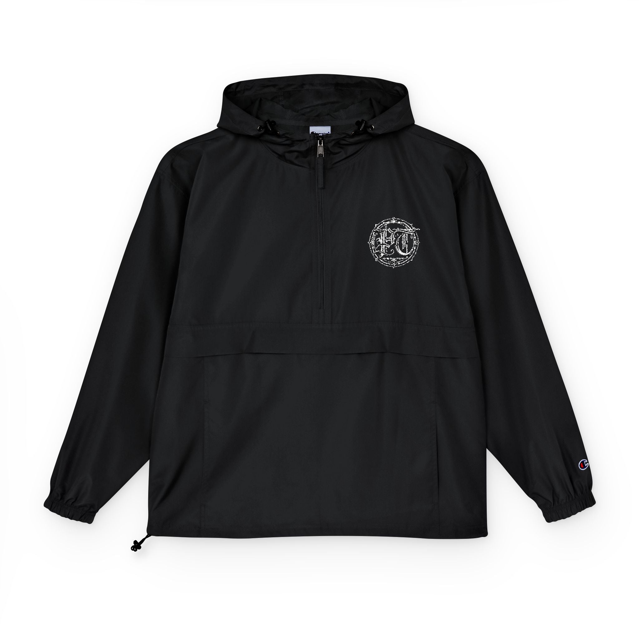 Anorak Jacket — Black Packable Windbreaker with Circular Floral Logo