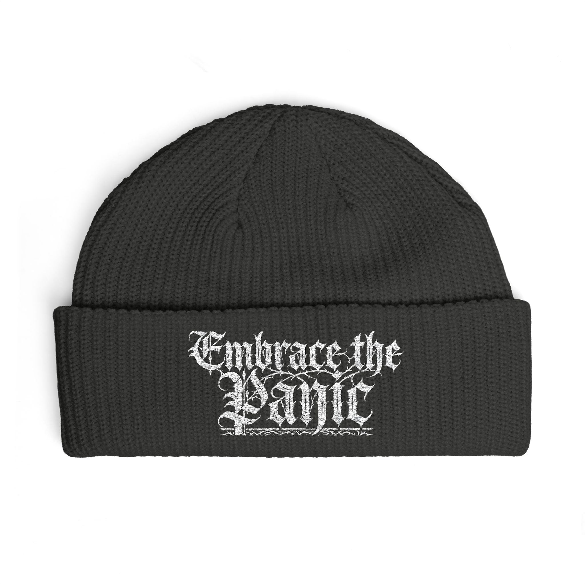 Embrace the Panic Cuff Beanie — Gothic Script Knit Hat