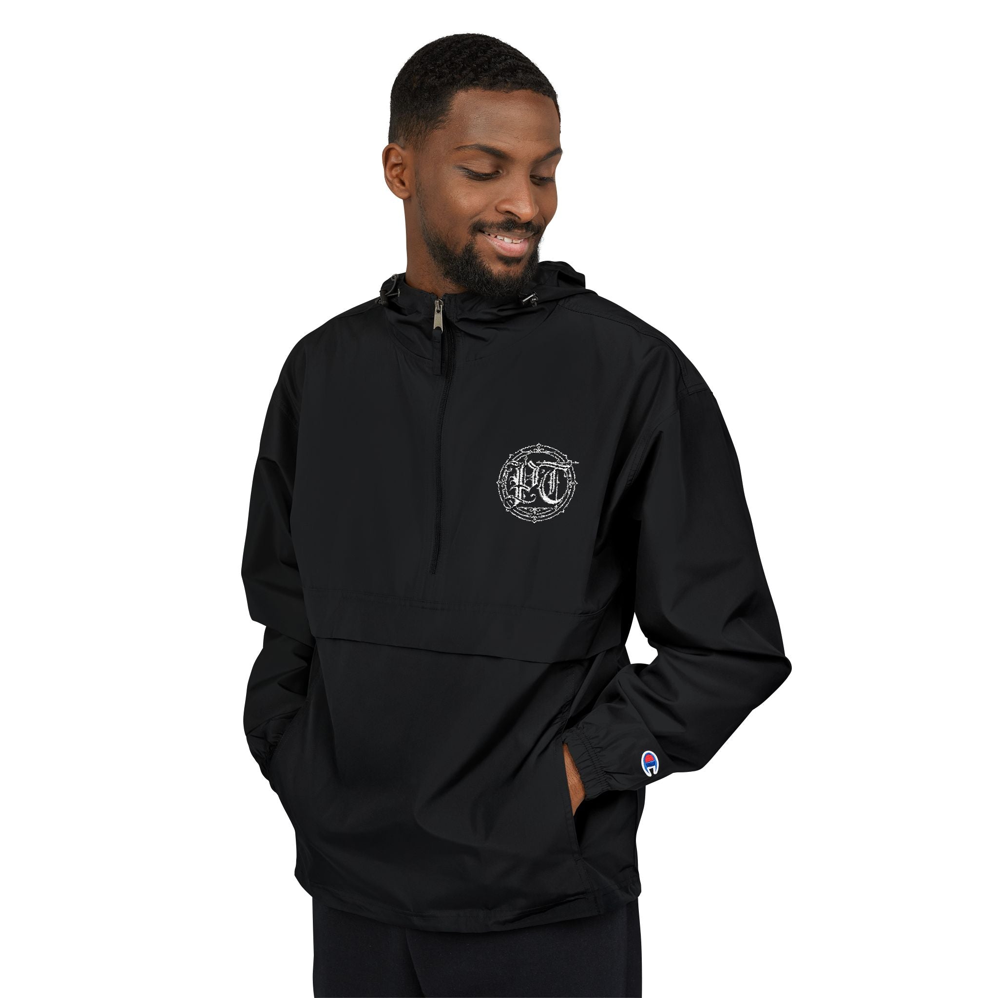 Anorak Jacket — Black Packable Windbreaker with Circular Floral Logo