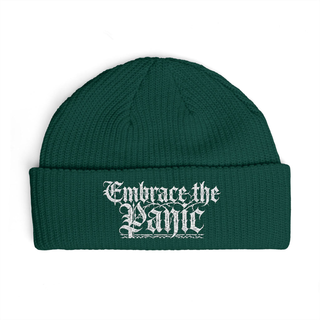 Embrace the Panic Cuff Beanie — Gothic Script Knit Hat