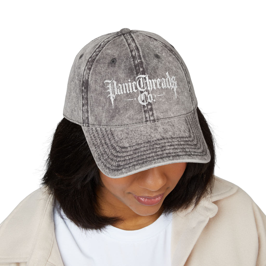 Vintage Embroidered Dad Cap – "PanicThreads Co." Distressed Baseball Hat