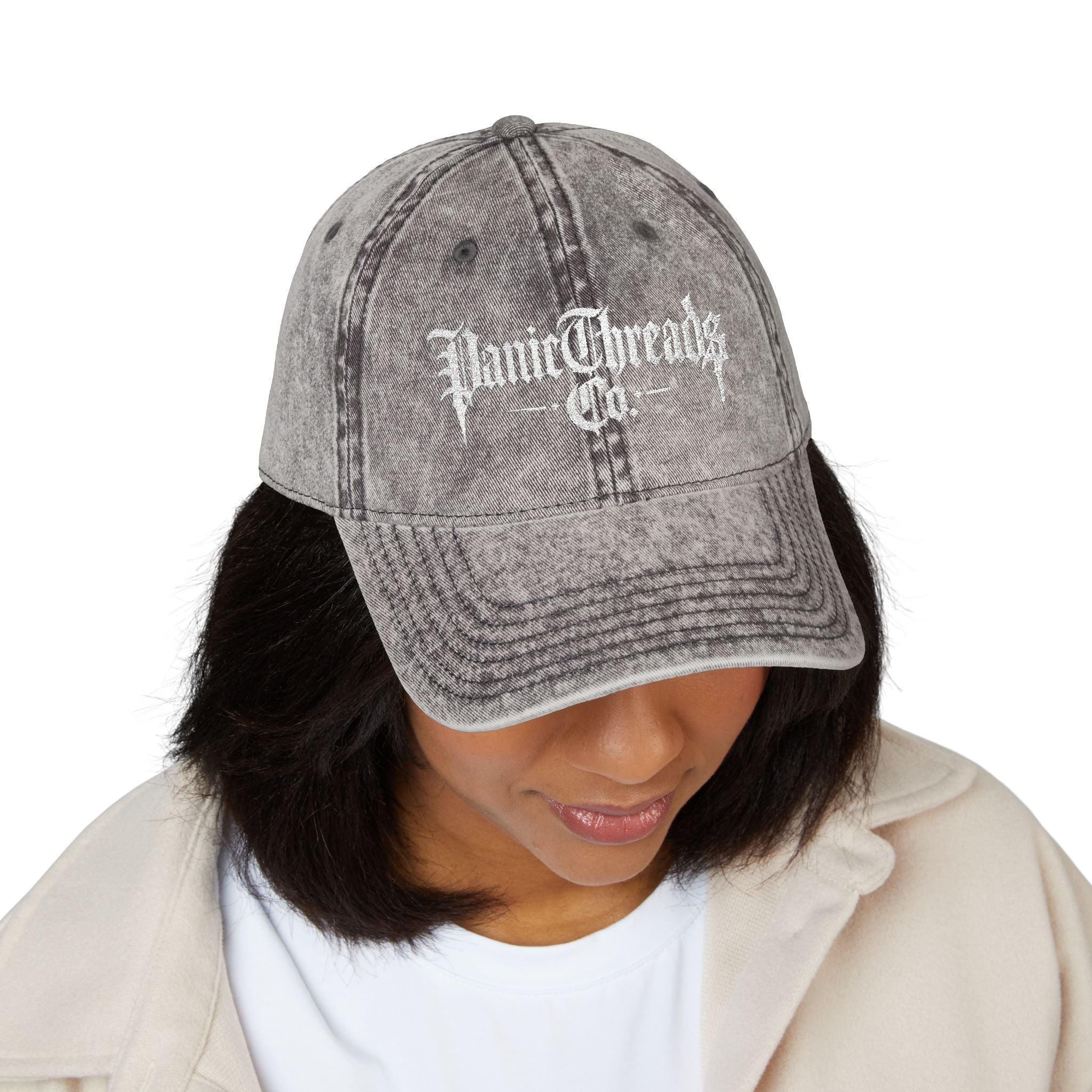 Vintage Embroidered Dad Cap – "PanicThreads Co." Distressed Baseball Hat