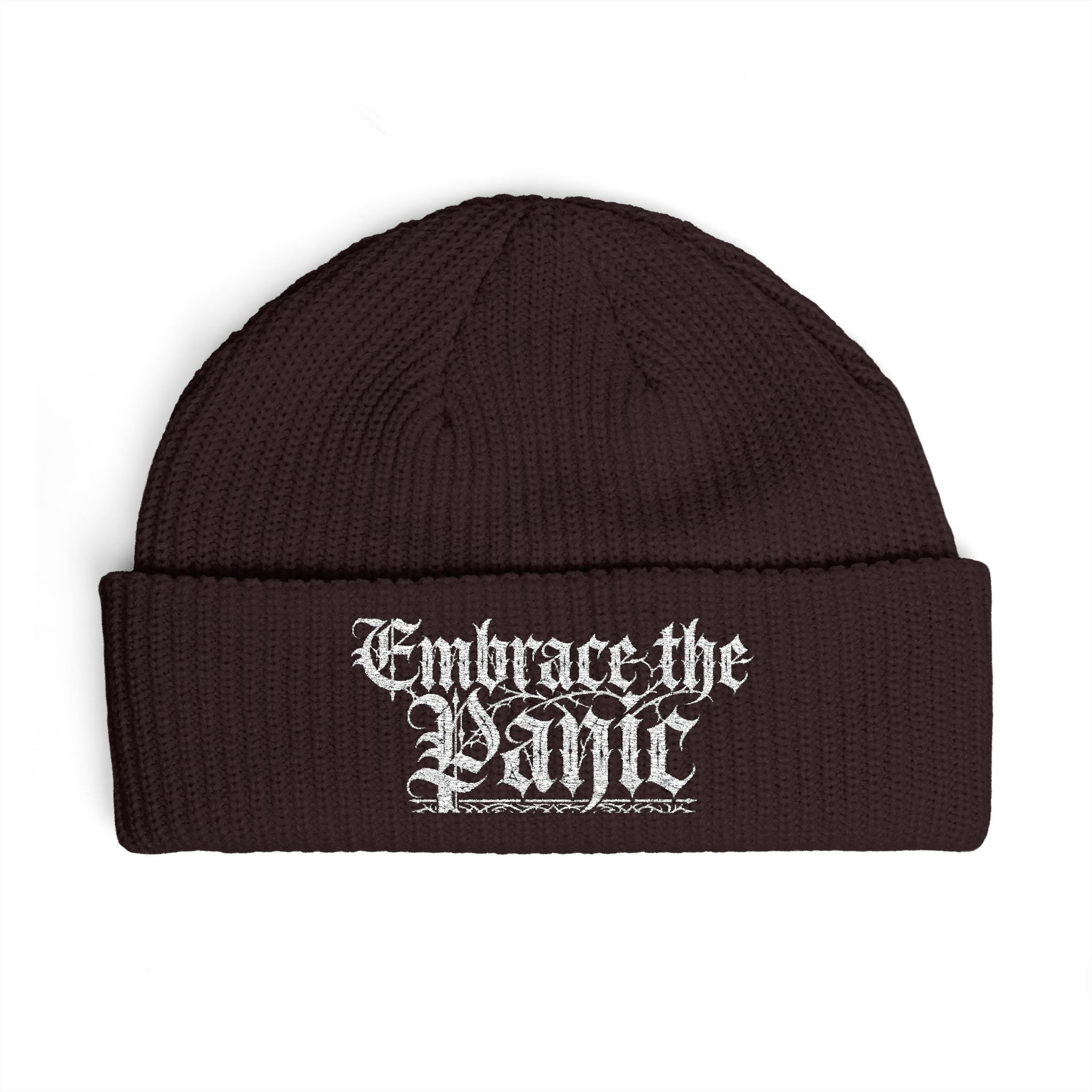 Embrace the Panic Cuff Beanie — Gothic Script Knit Hat