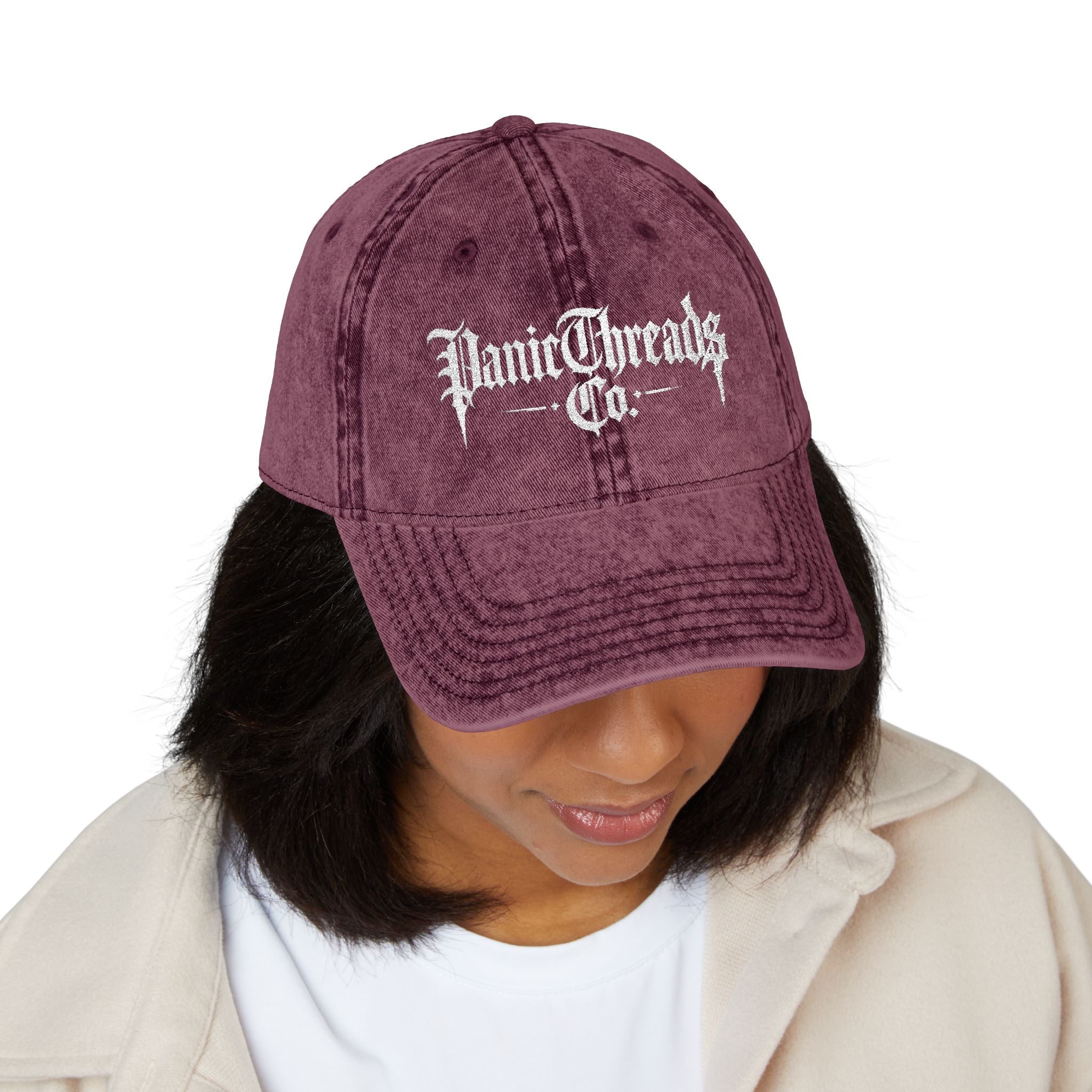 Vintage Embroidered Dad Cap – "PanicThreads Co." Distressed Baseball Hat