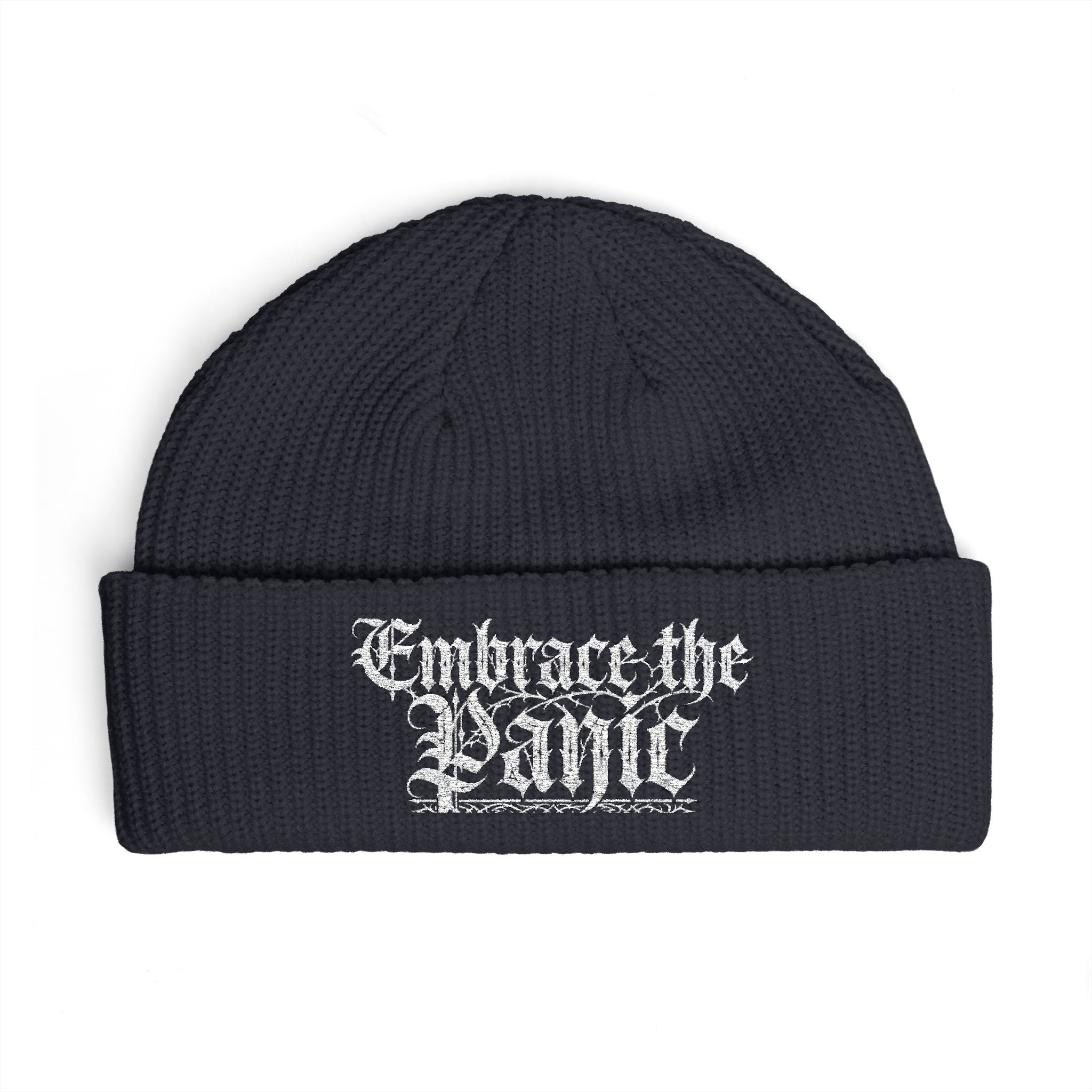 Embrace the Panic Cuff Beanie — Gothic Script Knit Hat